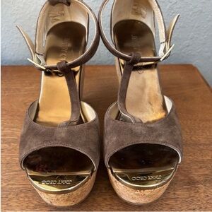 Jimmy Choo Brown Suede Cork Platform Sandals (37) 6.5